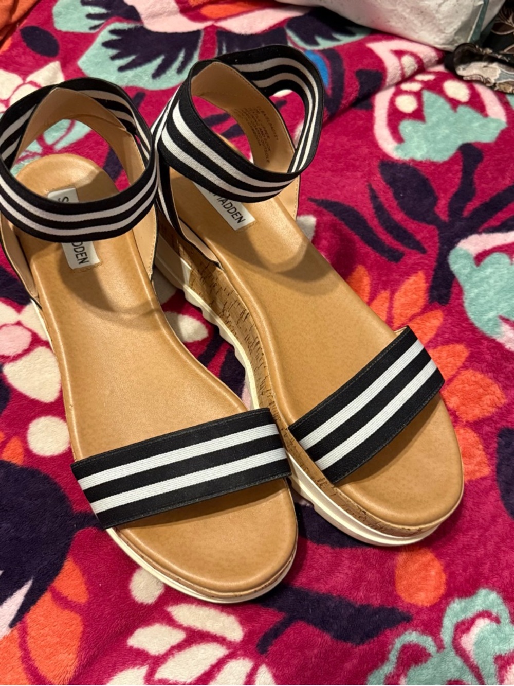Steve Madden Black and White Striped Ankle-Strap Sandals